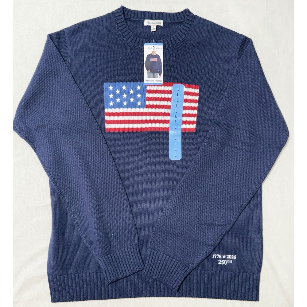 NWT State of Mine Americana Sweater Large L Navy Blue US American Flag 1776-2026 - Picture 2 of 5